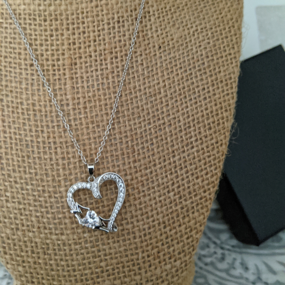 Silver Plated Mom CZ Heart Pendant Necklace